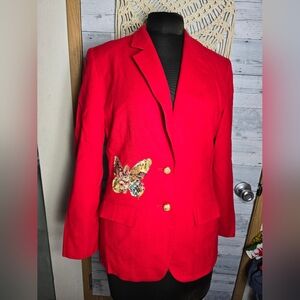 Vtg 80's Pendleton Wool Red Blazer Jacket with Multicolor Butterfly Accent